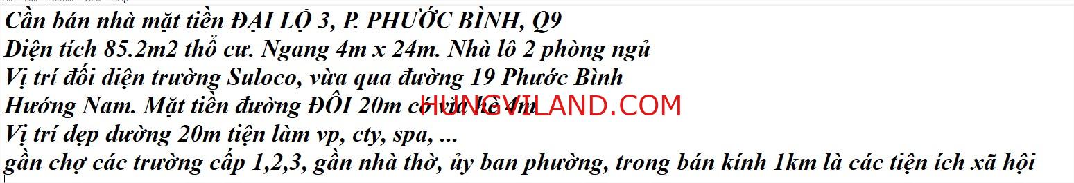 Cần bán nhà mặt tiền ĐẠI LỘ 3, P. PHƯỚC BÌNH, Q9