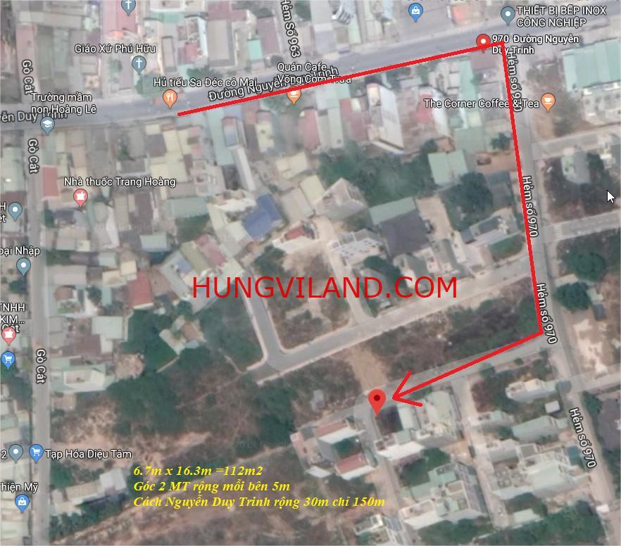 Cần bán đất 2 mặt tiền 6.5x17m  đường 970, cách Nguyễn Duy Trinh chỉ 120m, hướng Tây Bắc. Đường trước nhà 6m.